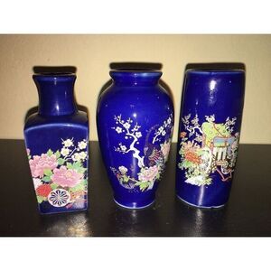 Set of 3 Dark Blue Japanese Ceramic Glazed Pottery Mini Vase/Pot for Flower Buds